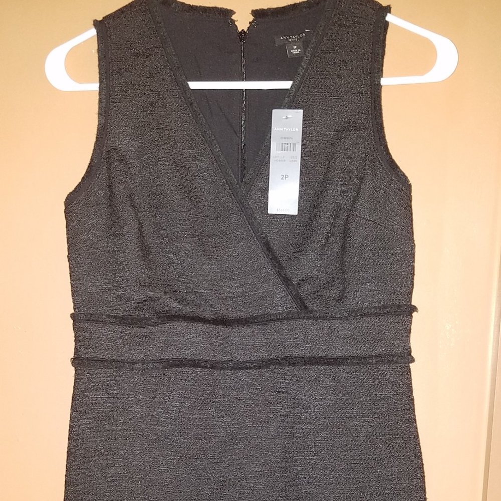 $169 ANN TAYLOR 2-PETITE BLACK V-NECK WITH FRINGES